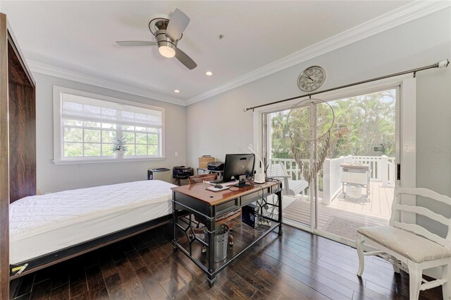 8963 Fishermens Bay Dr, Sarasota, FL 34231 - bedroom with access to exterior, a desk, ornamental molding, hardwood / wood-style floors, and recessed lighting