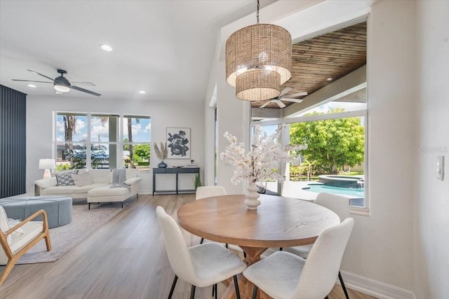 800 NW 36th Ave, Cape Coral, FL 33993 - dining room featuring ceiling fan, wood finished floors, recessed lighting, a chandelier, and baseboards