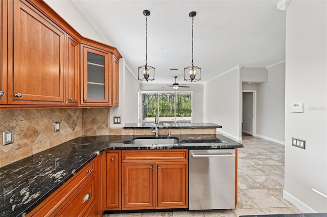 6744 Hickory Hammock Cir, Bradenton, FL 34202 - kitchen featuring stainless steel dishwasher, a peninsula, a sink, brown cabinetry, and decorative backsplash