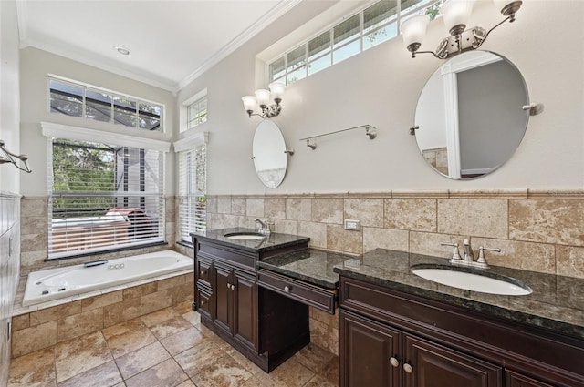 6744 Hickory Hammock Cir, Bradenton, FL 34202 - full bathroom featuring double vanity, crown molding, a garden tub, a chandelier, and tile walls