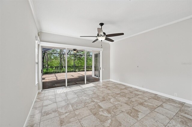 6744 Hickory Hammock Cir, Bradenton, FL 34202 - spare room with ornamental molding, ceiling fan, stone tile floors, and baseboards