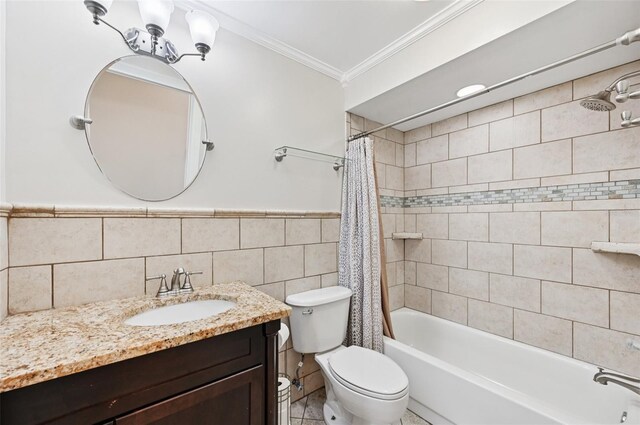 6744 Hickory Hammock Cir, Bradenton, FL 34202 - bathroom with toilet, tile walls, vanity, shower / bathtub combination with curtain, and crown molding