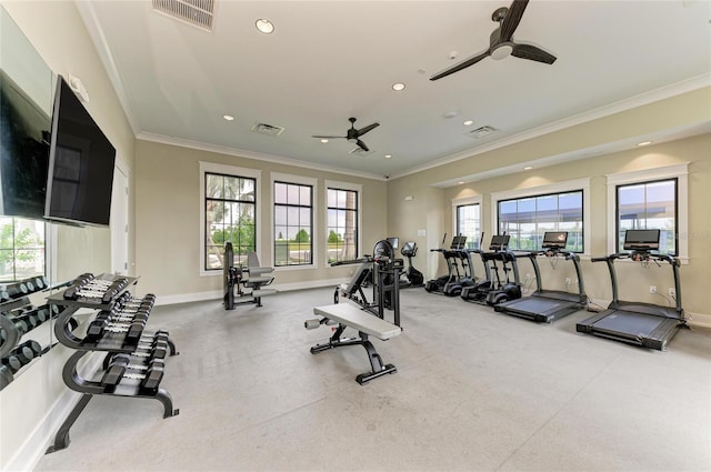 17898 Cherished Loop, Bradenton, FL 34211 - gym with a ceiling fan, ornamental molding, baseboards, and recessed lighting