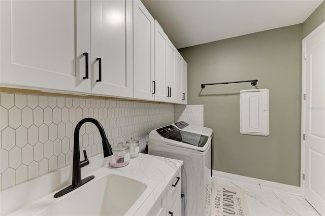 17898 Cherished Loop, Bradenton, FL 34211 - washroom with independent washer and dryer, cabinet space, light marble finish flooring, baseboards, and electric panel