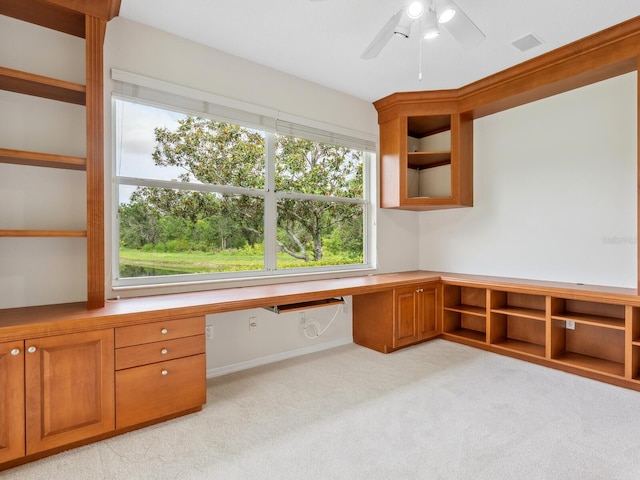 6811 Honeysuckle Trl, Lakewood Ranch, FL 34202 - unfurnished office with built in study area, a ceiling fan, and light carpet
