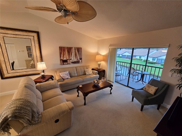 1211 Capri Isles Blvd Unit 116, Venice, FL 34292 - living area featuring lofted ceiling, carpet flooring, ceiling fan, and baseboards
