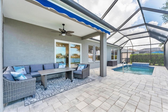 5142 51st Ln W, Bradenton, FL 34210 - outdoor pool with outdoor lounge area, a patio area, a ceiling fan, and a lanai