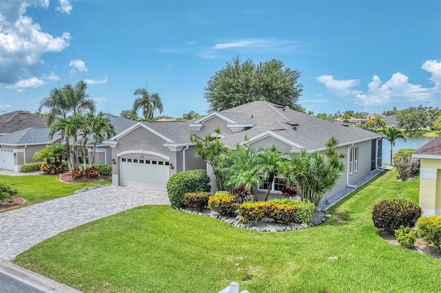 5142 51st Ln W, Bradenton, FL 34210 - ranch-style house featuring stucco siding, an attached garage, a front yard, and decorative driveway