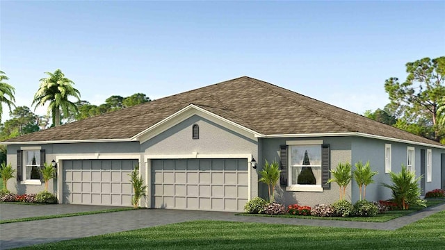 837 157th Ct E, Bradenton, FL 34212 - ranch-style house featuring a garage, a shingled roof, stucco siding, driveway, and a front yard