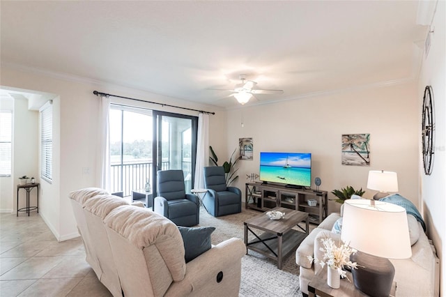 16804 Vardon Ter Unit 307, Bradenton, FL 34211 - living area with a ceiling fan, ornamental molding, baseboards, and light tile patterned floors