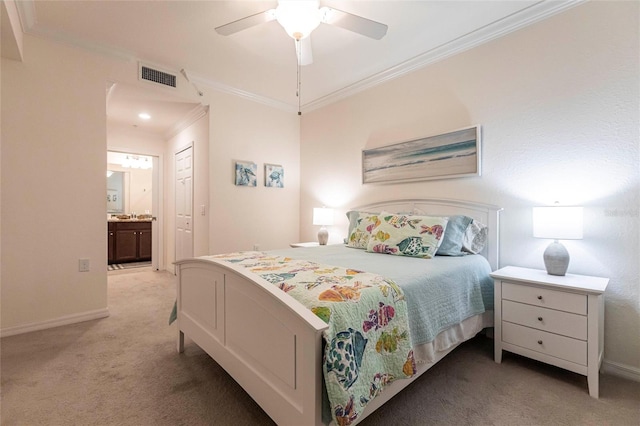 16804 Vardon Ter Unit 307, Bradenton, FL 34211 - bedroom with light carpet, crown molding, ensuite bath, baseboards, and ceiling fan