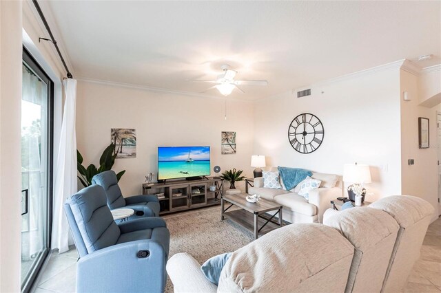 16804 Vardon Ter Unit 307, Bradenton, FL 34211 - living area with crown molding, ceiling fan, and light tile patterned floors