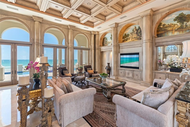 845 Longboat Club Rd, Longboat Key, FL 34228 - tiled living area featuring ornamental molding, coffered ceiling, a towering ceiling, and beamed ceiling