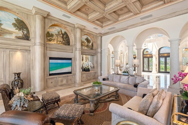 845 Longboat Club Rd, Longboat Key, FL 34228 - lobby with a high ceiling, ornamental molding, coffered ceiling, and beam ceiling
