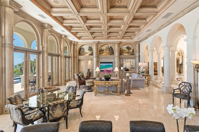 845 Longboat Club Rd, Longboat Key, FL 34228 - common area featuring a towering ceiling, coffered ceiling, crown molding, and beam ceiling
