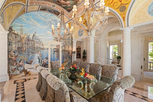 845 Longboat Club Rd, Longboat Key, FL 34228 - dining space with decorative columns, a chandelier, inlaid floor details, a high ceiling, and arched walkways