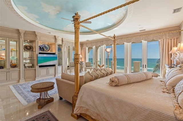 845 Longboat Club Rd, Longboat Key, FL 34228 - bedroom featuring access to outside, crown molding, a tray ceiling, and ornate columns