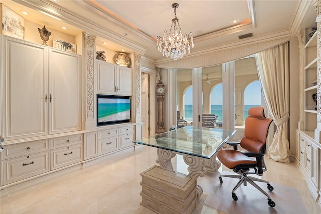 845 Longboat Club Rd, Longboat Key, FL 34228 - office with crown molding, a chandelier, light tile patterned floors, and a tray ceiling