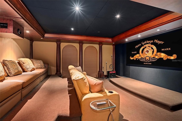 845 Longboat Club Rd, Longboat Key, FL 34228 - carpeted cinema featuring decorative columns, a raised ceiling, ornamental molding, and recessed lighting