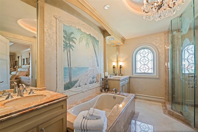 845 Longboat Club Rd, Longboat Key, FL 34228 - full bath featuring vanity, a jetted tub, a shower stall, a chandelier, and ornamental molding