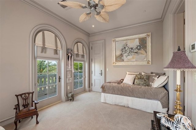 845 Longboat Club Rd, Longboat Key, FL 34228 - bedroom with access to outside, carpet floors, ornamental molding, and ceiling fan