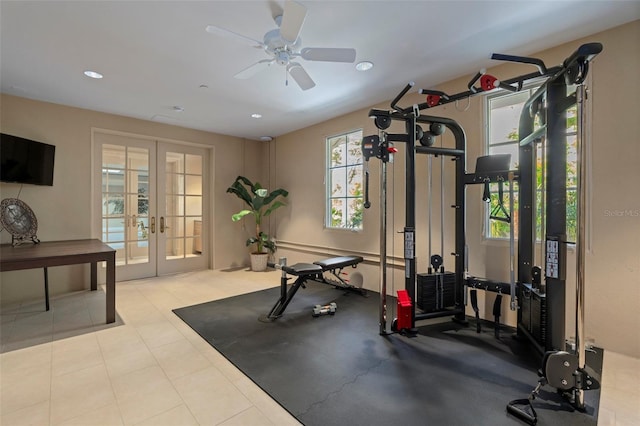 845 Longboat Club Rd, Longboat Key, FL 34228 - workout room featuring french doors, a ceiling fan, and recessed lighting