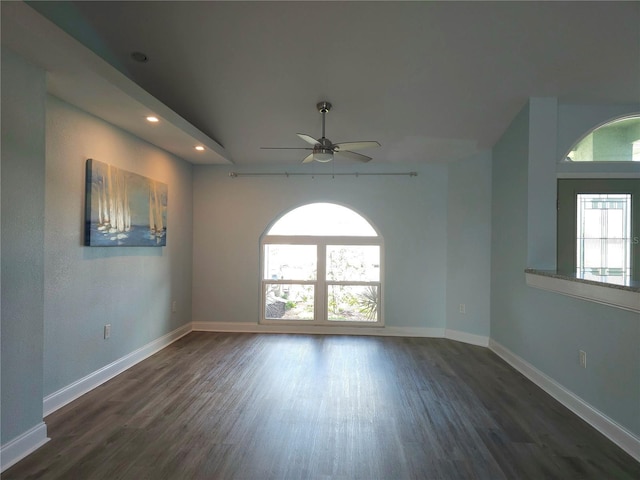5207 86th Street Ct W, Bradenton, FL 34210 - spare room with a ceiling fan, wood finished floors, baseboards, and recessed lighting