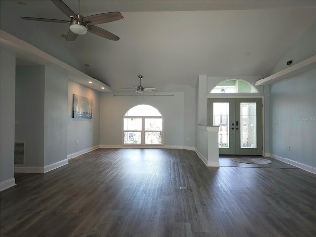 5207 86th Street Ct W, Bradenton, FL 34210 - foyer with french doors, high vaulted ceiling, ceiling fan, dark wood-style flooring, and baseboards