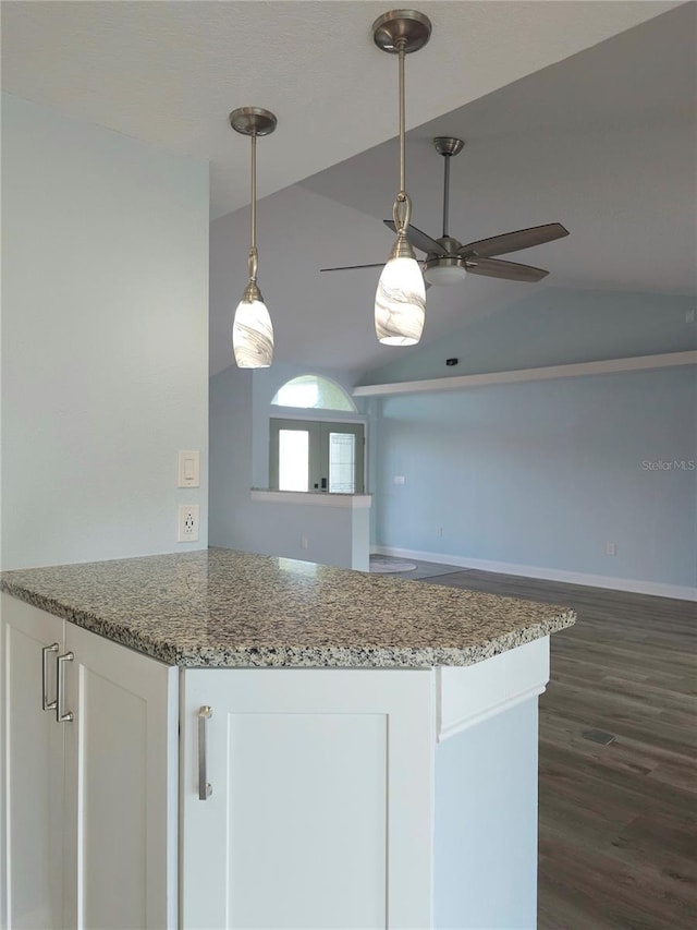 5207 86th Street Ct W, Bradenton, FL 34210 - kitchen featuring a ceiling fan, vaulted ceiling, white cabinetry, dark wood-style flooring, and light stone counters