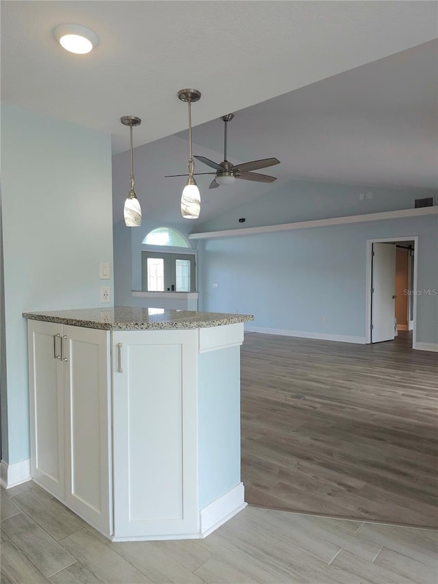 5207 86th Street Ct W, Bradenton, FL 34210 - kitchen featuring ceiling fan, light stone counters, vaulted ceiling, decorative light fixtures, and light wood finished floors