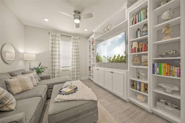 460 Daylily Blvd, Nokomis, FL 34275 - living area featuring ceiling fan, light wood-style floors, baseboards, and recessed lighting