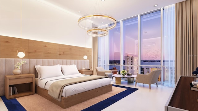 290 Cocoanut Ave Unit 6A, Sarasota, FL 34236 - bedroom with a chandelier, floor to ceiling windows, and concrete flooring