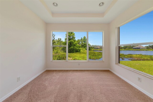 4307 70th Ave E, Ellenton, FL 34222 - unfurnished room with light carpet, a raised ceiling, a water view, and baseboards