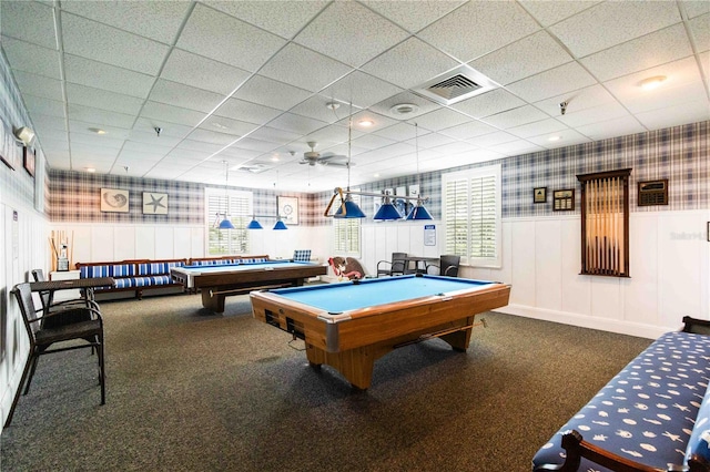 9412 Concord Cir, Bradenton, FL 34210 - rec room featuring plenty of natural light, carpet floors, pool table, a paneled ceiling, and ceiling fan