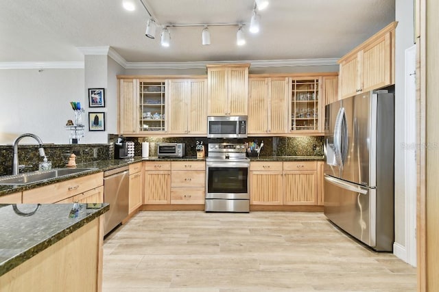2825 Terra Ceia Bay Blvd Unit 1804, Palmetto, FL 34221 - kitchen featuring appliances with stainless steel finishes, light brown cabinetry, light wood finished floors, dark stone counters, and crown molding