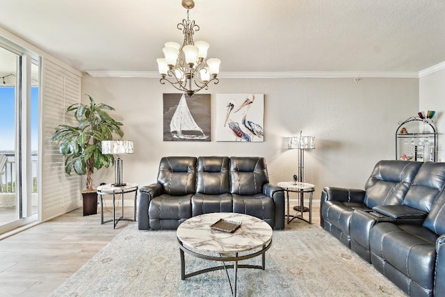 2825 Terra Ceia Bay Blvd Unit 1804, Palmetto, FL 34221 - living room featuring a chandelier, wood finished floors, and ornamental molding