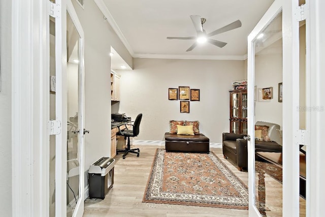 2825 Terra Ceia Bay Blvd Unit 1804, Palmetto, FL 34221 - office area featuring a ceiling fan, ornamental molding, light wood-style flooring, and french doors