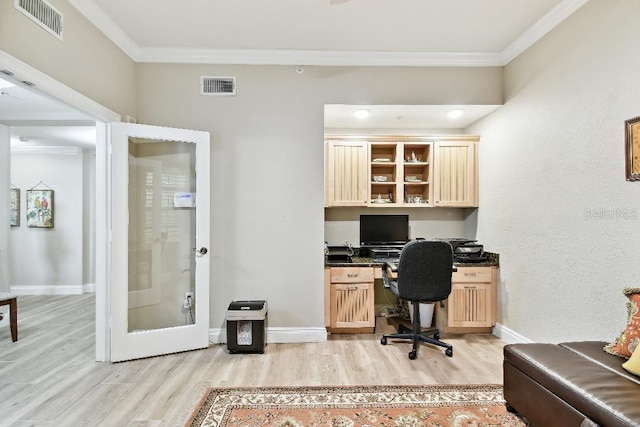 2825 Terra Ceia Bay Blvd Unit 1804, Palmetto, FL 34221 - office area with light wood-style flooring, crown molding, and built in study area