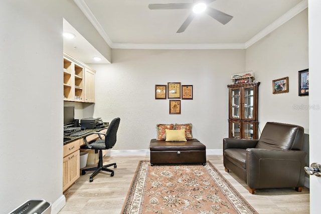2825 Terra Ceia Bay Blvd Unit 1804, Palmetto, FL 34221 - office with ornamental molding, ceiling fan, light wood-style flooring, and built in study area