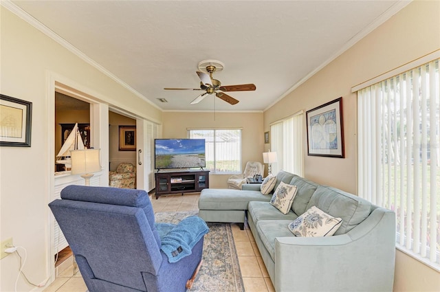 6804 19th Ave W, Bradenton, FL 34209 - living area featuring light tile patterned flooring, ceiling fan, and ornamental molding