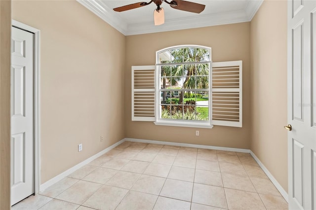 866 Oak Briar Ln, Osprey, FL 34229 - spare room featuring ornamental molding, a ceiling fan, light tile patterned floors, and baseboards