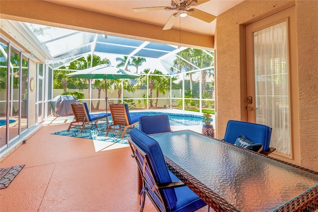 866 Oak Briar Ln, Osprey, FL 34229 - view of patio / terrace featuring a ceiling fan, an outdoor pool, a grill, and glass enclosure
