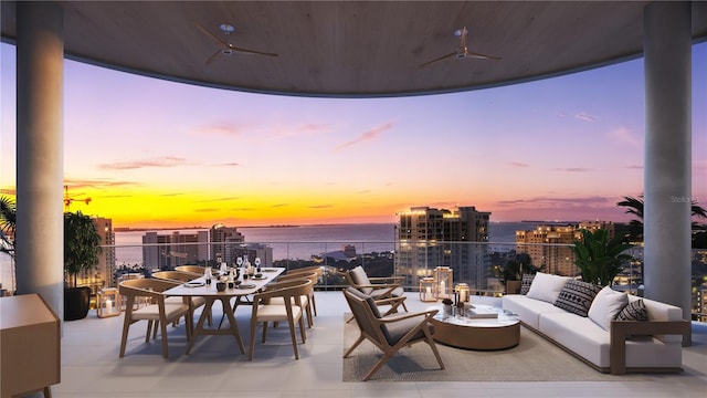 290 Cocoanut Ave Unit 8B, Sarasota, FL 34236 - view of patio / terrace featuring outdoor lounge area, a ceiling fan, a water view, a balcony, and a city view