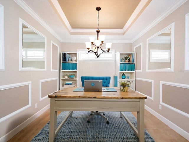 4949 Savona Run, Bradenton, FL 34211 - office featuring a tray ceiling, plenty of natural light, a chandelier, and crown molding