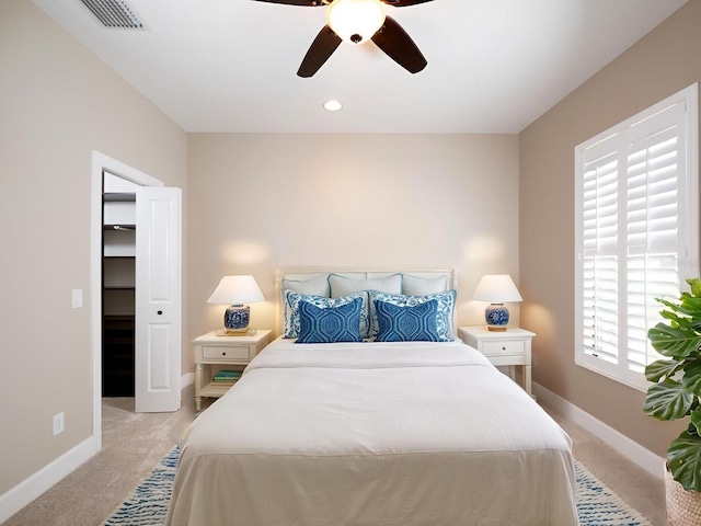 4949 Savona Run, Bradenton, FL 34211 - bedroom featuring light colored carpet, ceiling fan, a spacious closet, and recessed lighting