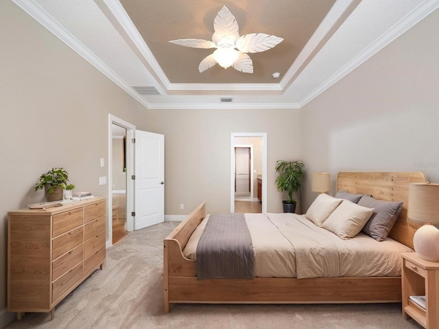4949 Savona Run, Bradenton, FL 34211 - bedroom featuring a raised ceiling, ornamental molding, light carpet, and ceiling fan