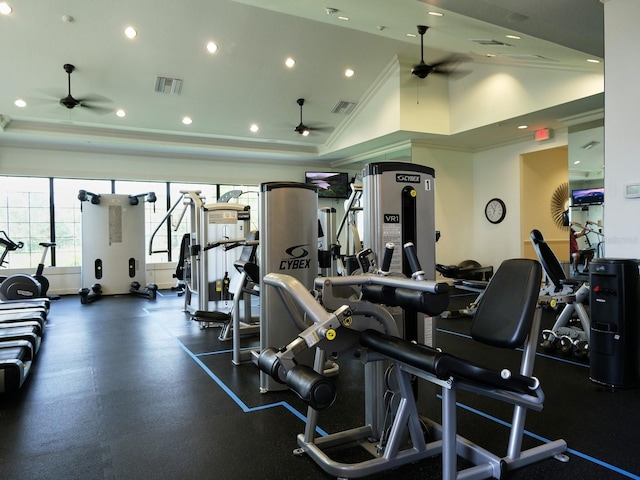 4949 Savona Run, Bradenton, FL 34211 - gym featuring ceiling fan, lofted ceiling, and recessed lighting