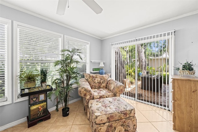 2204 67th St W, Bradenton, FL 34209 - sitting room featuring light tile patterned floors, a ceiling fan, crown molding, and baseboards