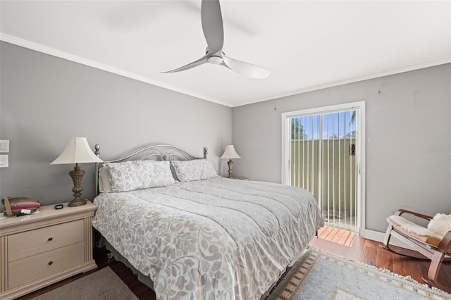 2204 67th St W, Bradenton, FL 34209 - bedroom featuring access to outside, wood finished floors, ornamental molding, baseboards, and a ceiling fan