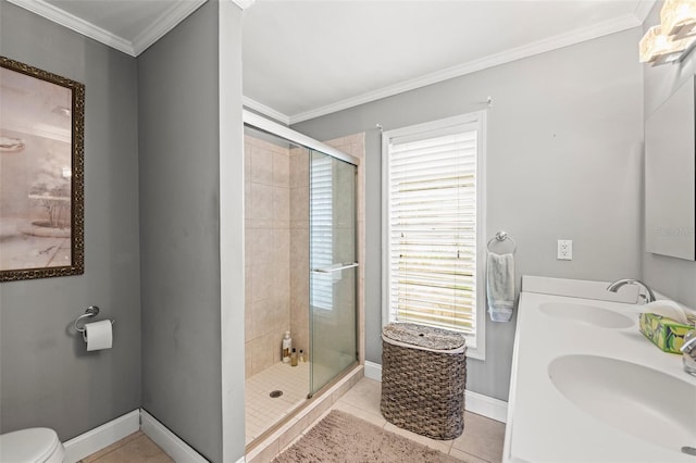 2204 67th St W, Bradenton, FL 34209 - full bath featuring a shower stall, tile patterned floors, double vanity, toilet, and baseboards